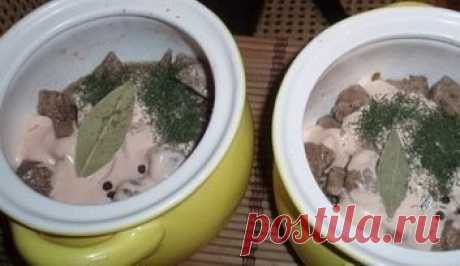 Азу в горшочке
Картофель (среднего размера) — 8 штук
Мясо (свиная вырезка) — 400 грамм
Огурец (маринованные 3 штуки, соленые 3 штуки) — 6 штук
Лук репчатый — 3 штуки
Морковь — 1 штука
Лавровый лист — 2 листа
Перец черный горошком — 6 горошин
Перец чили — 1 штука
Соус (кетчуп + майонез) — 6 столовых ложек
Томатная паста — 2 чайные ложки
Сушеный укроп – 2 щепотки
Сыр – 200 грамм
Шаг 1: Подготовим и укладываем мясо в горшочки
Солёные огурцы нарежьте не мелкие кубики, а маринованные огурчики натр