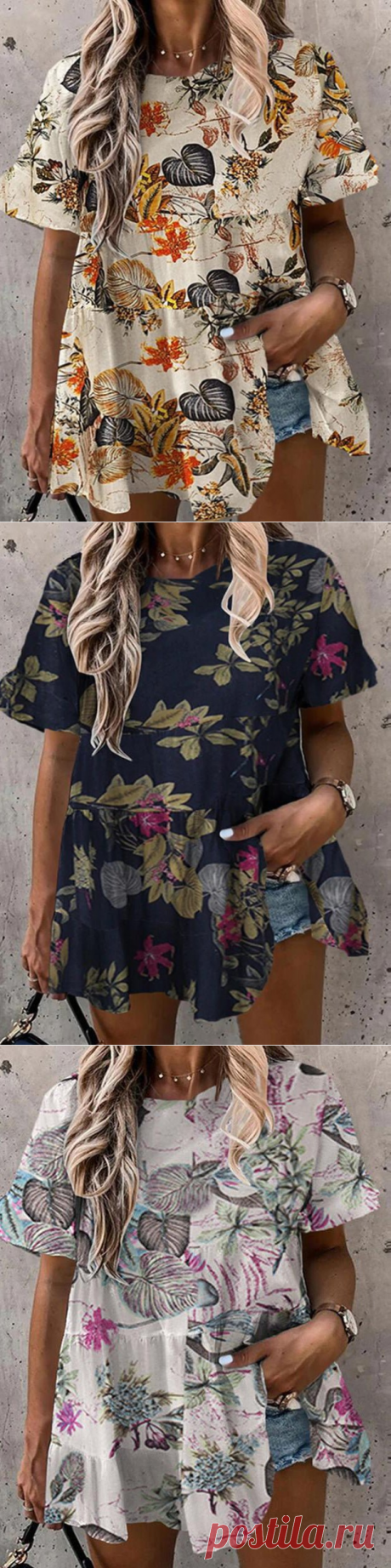 Women's Blouses Printed Crew Neck Ruffle Short Sleeve Blouse - Cicicloth