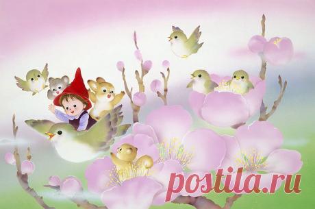 Птицы играть с волшебной и сливы верхом на иллюстрации животных соловья