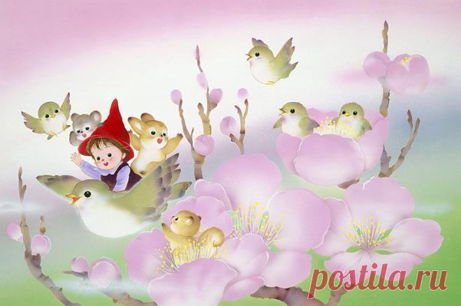 Птицы играть с волшебной и сливы верхом на иллюстрации животных соловья