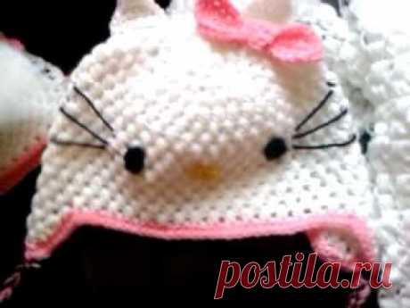 Puff stitch hat and scarf kitty hello } Video response art of crochet by Teresa