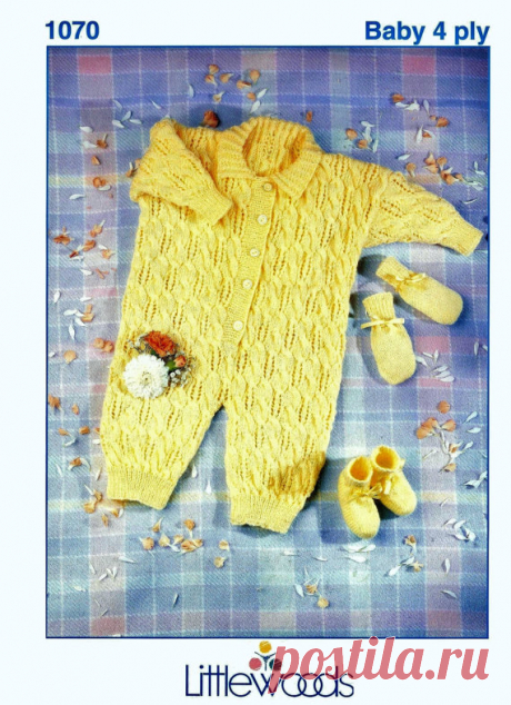 Baby All-in-one suit Bootees and Mittens in 4 ply for 18 - 22 ins - Littlewoods 1070 - pdf of Vintage Knitting Patterns PDF Vintage Style BABY Knitting Pattern - Littlewoods 1070 - Baby All-in-one suit Bootees and Mittens in 4 ply for 18 - 22 ins    NB: 2 Versions of this PDF is attached. One is a reduced PDF which will download very quickly; if you have problems viewing this then the normal PDF is also here. U.S. YARN EQUIVALENT  Please check the tension/gauge provided in...