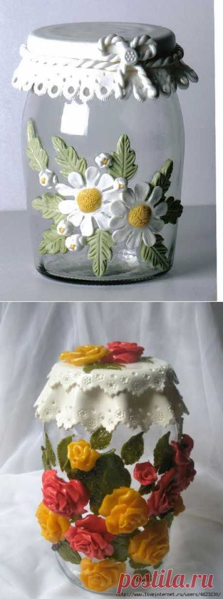 Холодный фарфор.Украшение баночек (лепка).