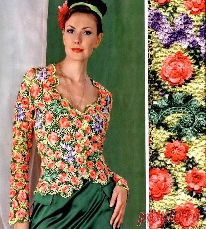Жакет в цветах в технике ирландское кружево