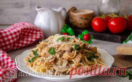 Спагетти с курицей и грибами в сливочном соусе рецепт с фото