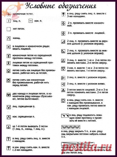 Как читать схемы вязания?

Встречаются два типа схем – это графические схемы обозначения узоров и схемы-описания. Графическая запись вязаных узоров обладает преимуществами, такими как удобство в работе, наглядность, компактность. Нарисованную символами схему могут использовать люди, даже незнающие иностранных языков. Но у графической записи имеются и недостатки: нет единых правил для обозначения каждого вида петель, поэтому схема узора требует расшифровки условных обозначе...