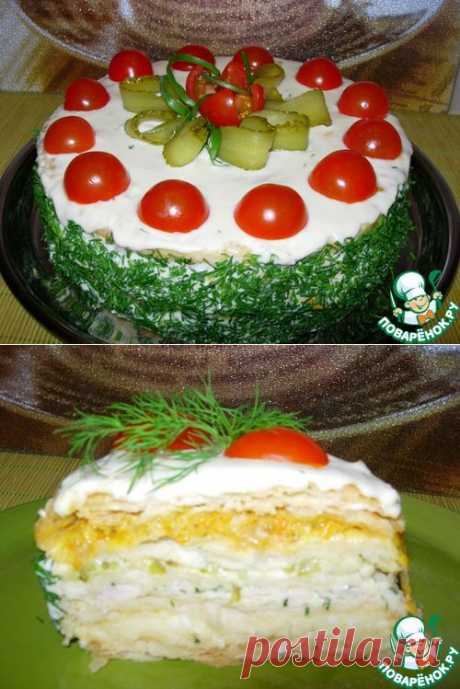 Закусочный торт &quot;Наполеон&quot; с ветчиной и сыром - кулинарный рецепт