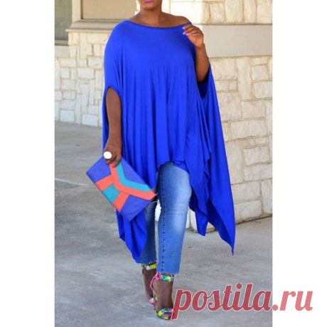 Wholesale Stylish 1/2 Batwing Sleeve Asymmetric Solid Color Loose Dress For Women (BLUE,2XL), Plus Size Dresses - Rosewholesale.com