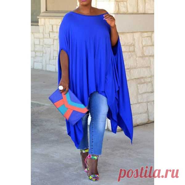 Wholesale Stylish 1/2 Batwing Sleeve Asymmetric Solid Color Loose Dress For Women (BLUE,2XL), Plus Size Dresses - Rosewholesale.com