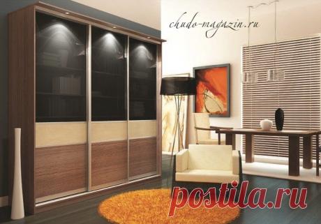 Шкаф купе с комбинированными вставками из ЛДСП и полупрозрачным стеклом. В интернет-магазине Chudo-magazin.ru в Москве.
