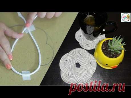 Knotted Rope Coaster-DIY/ Dining Table Coasters/How to make Coaster/ Rope Craft-3 - YouTube Используемый материал: вам понадобятся только две вещи: веревка (4 метра), клеевой пистолет, клеевые стержни.