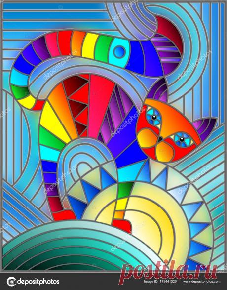 Иллюстрация в стиле витражи с абстрактные геометрические Радуга кошка — стоковая иллюстрация #179441326