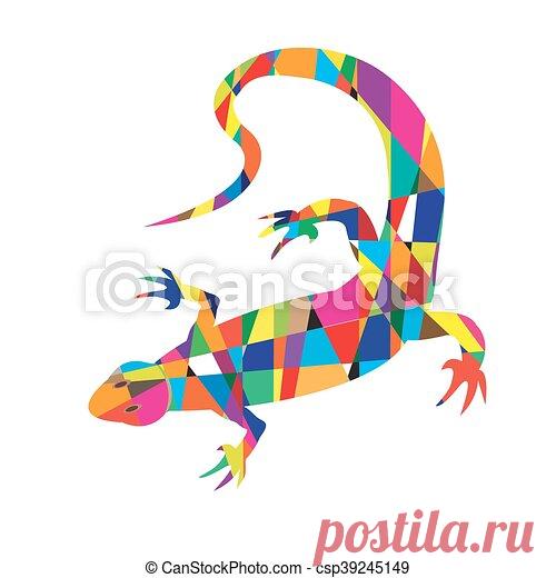 Bright colorful picture with the mosaic lizard isolated on white background.
