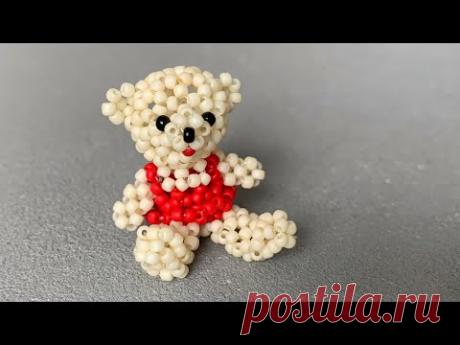 Объёмный МИШКА в платье из бисера в технике крестик