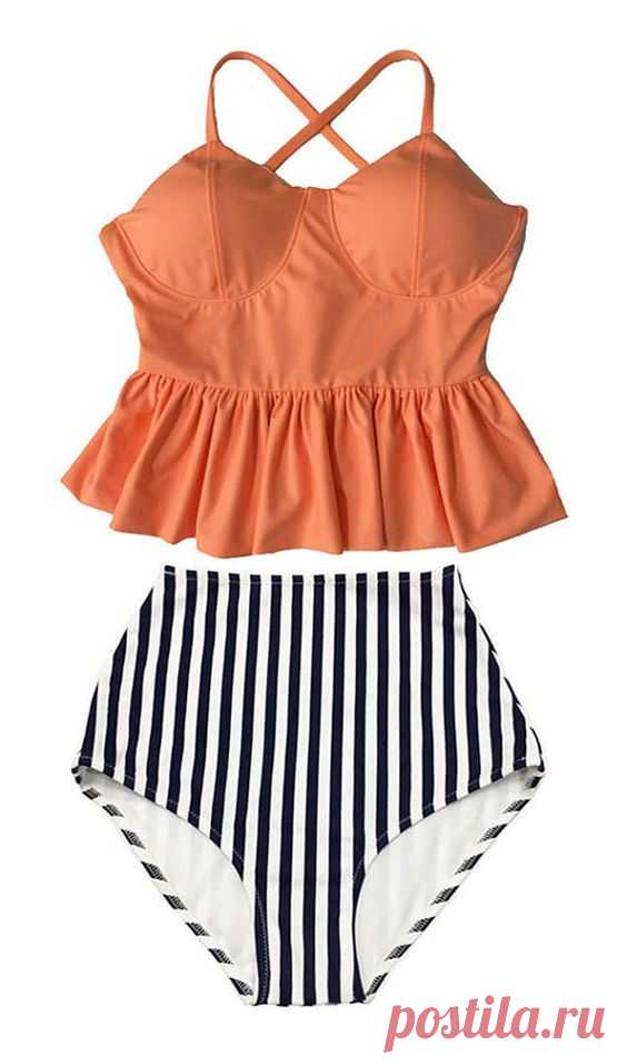 (255) Old Rose Long Peplum Hem Top and Stripes High waisted waist Bottom Bikini set Swimsuit Swimwear Beach Swim wear Bathing suit dress S M L XL