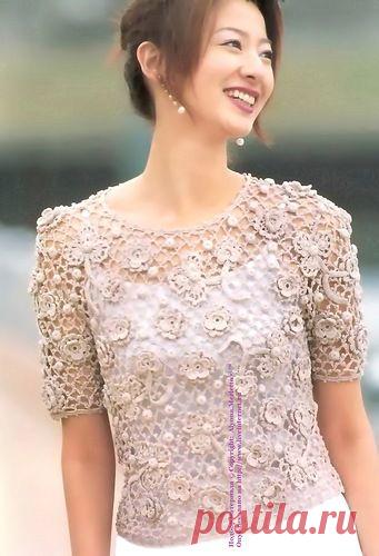 Летний пуловер крючком в технике ирландского кружева ...от Let's knit (Япония).