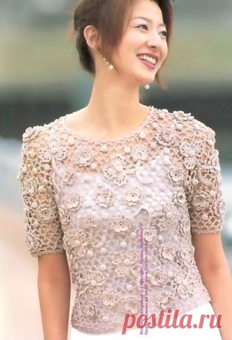 Летний пуловер крючком в технике ирландского кружева ...от Let's knit (Япония).