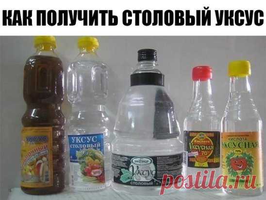 Чтобы получить столовый уксус из 70%-ной уксусной кислоты, нужно соблюсти следующие пропорции: 
9%-ный уксус — 1 ложка кислоты на 7 ложек воды; 
6%-ный уксус — 1 ложка кислоты на 11 ложек воды; 
3%-ный уксус — 1 ложка кислоты на 20 ложек воды. 
И наоборот, можно получить из столового уксуса 70%-ную уксусную кислоту, но при этом нужно уменьшить количество воды, указанное в рецепте, почти на столько, сколько уксуса вы добавляете. 
Формулы расчета просты: 
1 ложка кислоты = 8 ложек 9%-ного уксуса –
