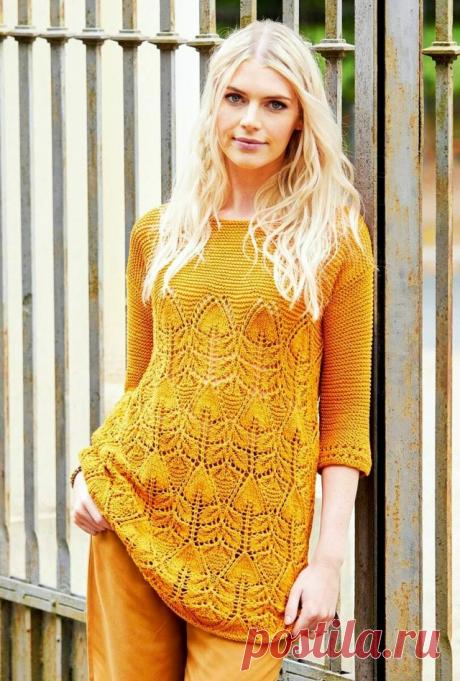Пост на стене Удлинённый оранжевый пуловер с рукавами 3/4 ♥Европейские размеры: 36/38 (44/46).  Российские размеры: 42/44 (50/52).  Для вязания нам потребуется 500 (600) г оранжевой (цвет № 9) пряжи LANA GROSSA "Pima": 100% хлопок; 125 м/50 г. Спицы № 3,5 и крючок № 3,5.  УЗОРЫ ♥  Изнаночная гладь: лицевые ряды — изнаночные петли, изнаночные ряды — лицевые петли.  Ажурный узор: количество петель кратно 18+15 + 2 кромочные...