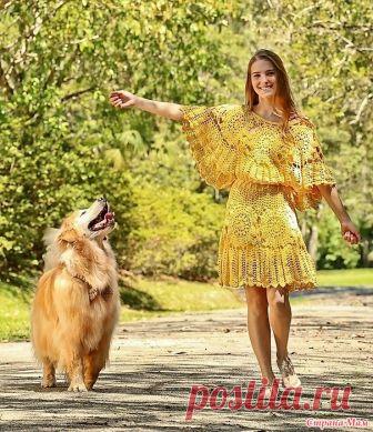 . Сияющее платье от Lilian V. Lopes. Это ажурное платье имеет круглую кокетку- пелерину расклешенную юбку и вставки из круглых мотивов. Размер М Пряжа EURO ROMA PASSIONT 400 м(8 мотков). Крючок 3 мм.