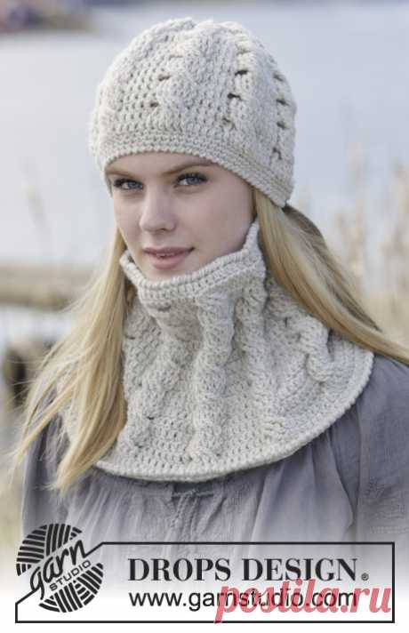Snowdrift / DROPS 166-32 - Free crochet patterns by DROPS Design Set consists of: Crochet DROPS hat and neck warmer with cables in ”Nepal”. DROPS design: Pattern no ne-191