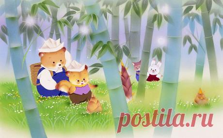 В иллюстрации животных бамбуковый лес, медведь родитель-ребенок и животных, которые пришли на бамбуковых побегов копать