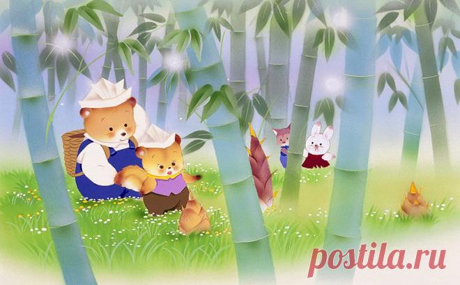 В иллюстрации животных бамбуковый лес, медведь родитель-ребенок и животных, которые пришли на бамбуковых побегов копать