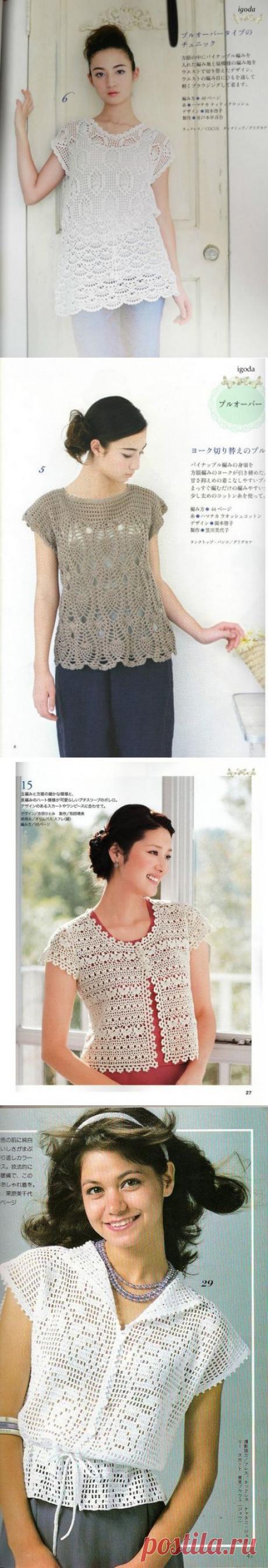 Туники в узор &quot;ананасы&quot;, ажурный жилет, кофточка филейной техникой. Подборка. Крючок. Схемы. / 冬日里的梅的日志 - 网易博客