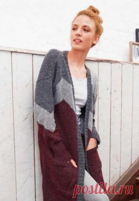 Стильный трехцветный кардиган Описание модели Размеры: 32-34/36-38/40-42/44-46/48-50 Вам потребуется: 270/270/300/ 330/330 г бордовой меланжевой (цв. 00139), 90/120/120/120/120 г светло-серой меланжевой (цв. 00191) и 150/180/180/210/210 тёмно-серой крапчатой (цв.