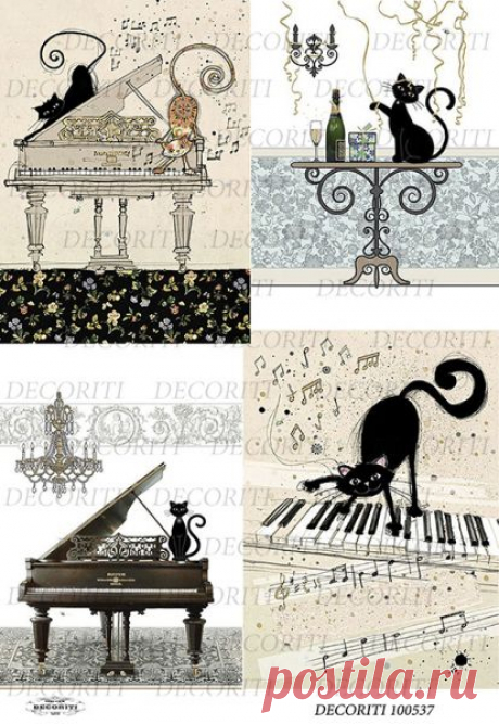 Рисовая бумага с рисунком DECORITI 100537, формат А4, Музыкальные кошки ― HandMadeDecor