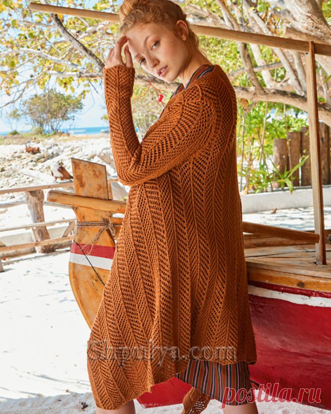Кардиган с ажурными вертикальными полосами — Shpulya.com - схемы с описанием для вязания спицами и крючком
