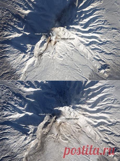 Изображения, переданные спутником «Лэндсат» 24 января (верхнее) и 31 января (нижнее), демонстрируют склоны вулкана Шивелуч, покрытые пеплом и потоками обломочной вулканической породы.