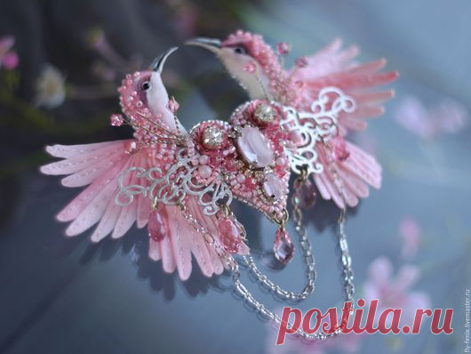 Купить Брошь с птицами "мелодия сердца" - spring collection - вышивка, авторская работа, юлия горина