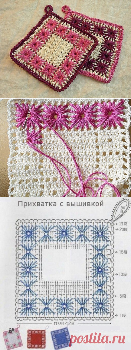 Прихватка, связанная крючком, украшенная вышивкой из категории Интересные идеи – Вязаные идеи, идеи для вязания