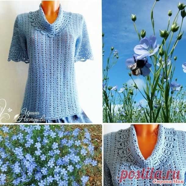 Летняя кофточка из льна с ажурным воротником