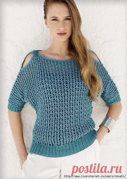 Cпицы. Сетчатый пуловер с открытыми плечами. Узор пригодится в летних вещах
     
 
Размеры: 42/44 (46/48).
 
Вам потребуется: 250 (300) г синей пряжи Cotofine Lena Grossa (70 % хлопка, 30 % полиамида, 90 м/50 г) и 100 (150) г синей пряжи Linarte Lana Grossa (40 % вискозы, 30 % хлопка, 20 % льна, 10 % полиамида, 125 м/ 50 г); спицы № 6 и № 7, крючок № 5, 2 пуговицы.
 
Резинка: попеременно 1 лиц., 1 изн.
 
Сетка: число п. кратно 4 + 3 + кром, 1-й p.: Linarte: кром., 2 лиц.,...