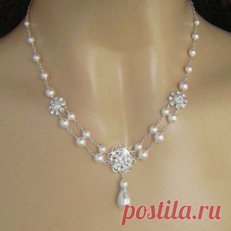 Bridal Pearl Necklace - Crystal Flower and Pearl Bridal Necklace - Pearl Drop Necklace - Vintage Style - Wedding Jewelry - Bride Jewelry