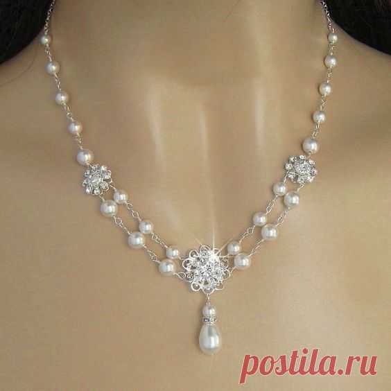 Bridal Pearl Necklace - Crystal Flower and Pearl Bridal Necklace - Pearl Drop Necklace - Vintage Style - Wedding Jewelry - Bride Jewelry