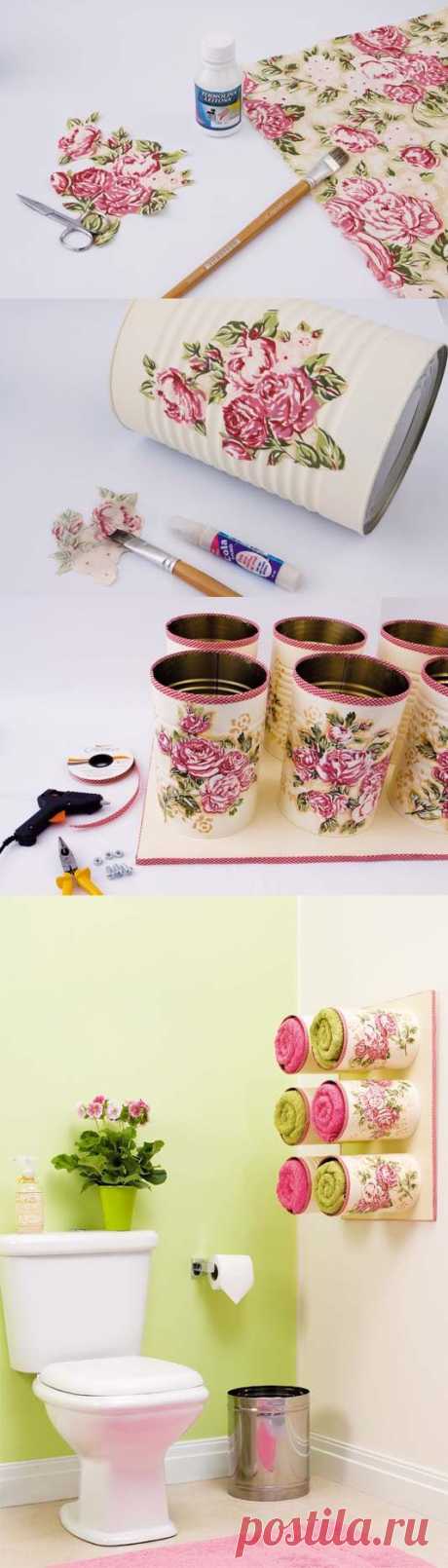 Towel storage made of decoupaged tin cans - Fashion, crafts and more