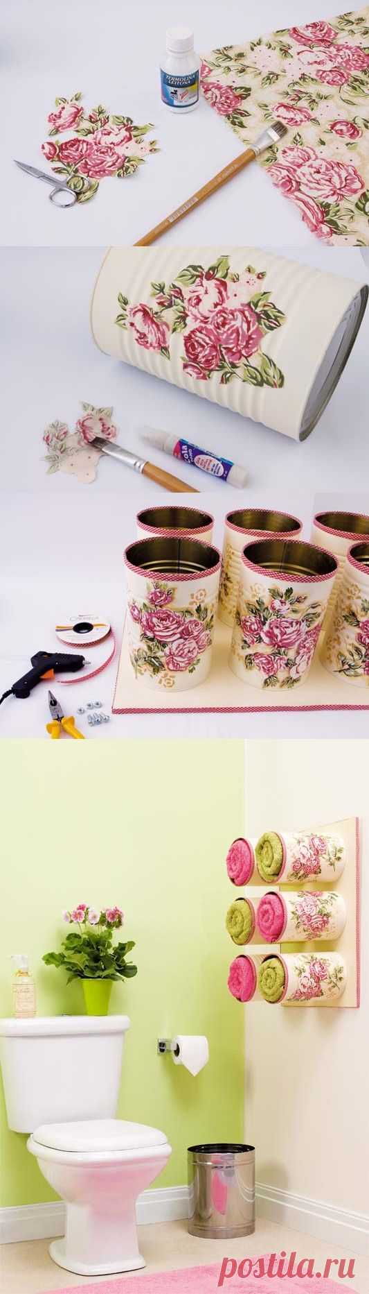 Towel storage made of decoupaged tin cans - Fashion, crafts and more