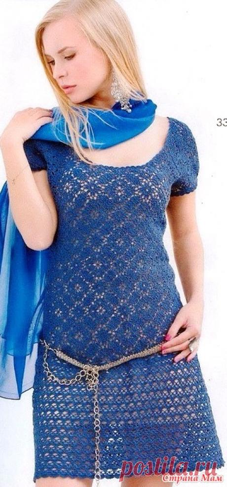 . Синее ажурное платье. Это платье вяжется в смешанной технике-верх вяжется из мотивов, а заниженная юбка красивым узором. Платье смотрится эффектно стильно и лаконично. Журнал мод № 597 2016 г.