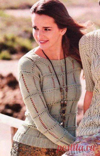Пуловер с узором из ажурных клеток. Спицами. / Две нитки