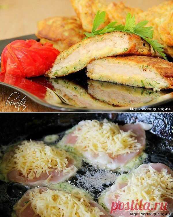 Куриные отбивные с сыром.
 Ингредиенты:
 
500гр куриной грудинки;
150гр сыра;
2 яйца;
3ст.л майонеза;
3ст.л муки;
Укроп;
Соль, перец, масло для жарки;