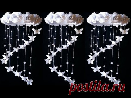 How to make easy paper rose flowers wall hanging|Wind chime| Decoration idea|White Paper crafts|DIY