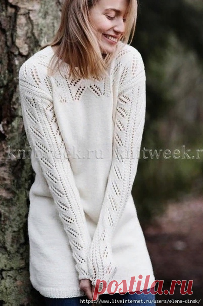 ТУНИКА С АЖУРНЫМ УЗОРОМ НА КОКЕТКЕ И РУКАВАХ

Размеры

XS(S)M(L)XL(XXL)
Обхват груди (готовое изделие): 88(96)104(112)120(128) см
Длина: 85(87)89(91)93(95) см
Длина рукава: 47(48)49(50)50(51) см

Материалы
Пряжа Novita Wool Cotton (55% меринос, 45% хлопок, 50 г/112 м) 11-12-13-14-15-16 мотков белого цвета, спицы круговые 3.5 мм и 4 мм

Плотность вязания
19 петель и 28 рядов = 10х10 см чулочной вязкой на спицах 4 мм

Описание женской туники спицами
Спинка

На спицы 3.5 мм н...