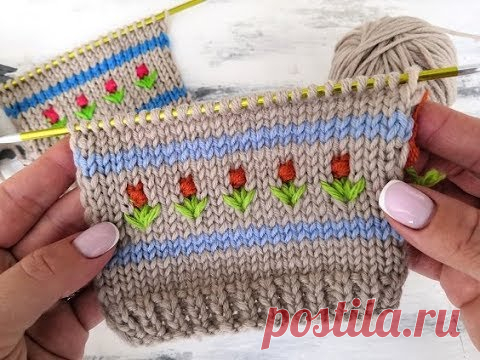 Красивый узор с цветочками спицами для вязания свитеров, шапок, платьев