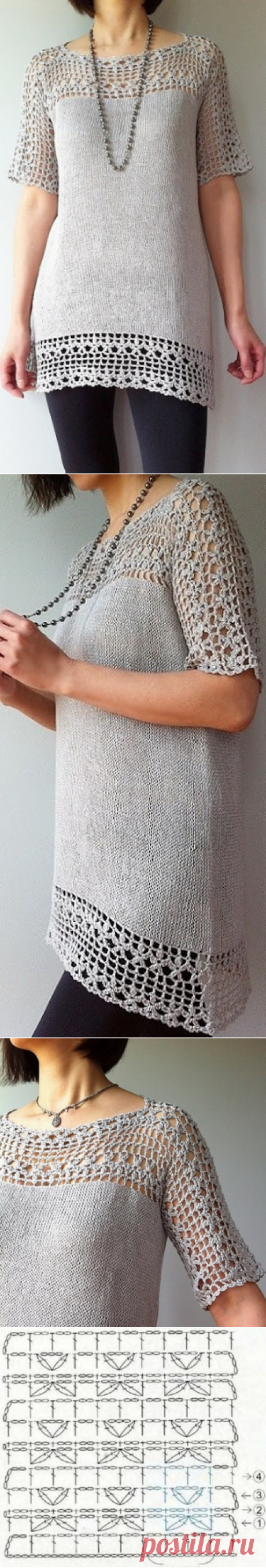 Туника спицами простой вязкой и красивая кокетка и обвязка низа крючком. Схема