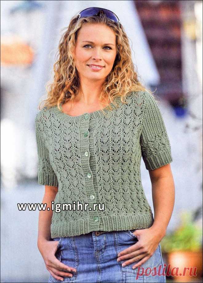 Зеленый ажурный жакет с короткими рукавами, от финских дизайнеров. Спицы