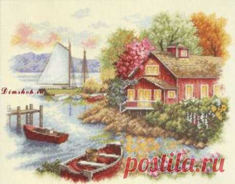 Peaceful Lake House. Спокойный дом у озера. Dimensions. Скачать схему вышивки крестиком — Дом крестика