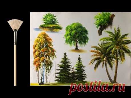 How to paint trees with fan brush -  Acrylic lesson